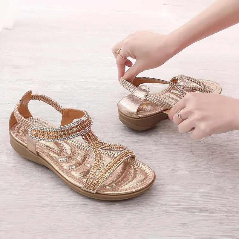 Comfortable Summer Women Sandals Rhinestone Fashion Casual Flat Shoes Bohemian Style Beach Shoes