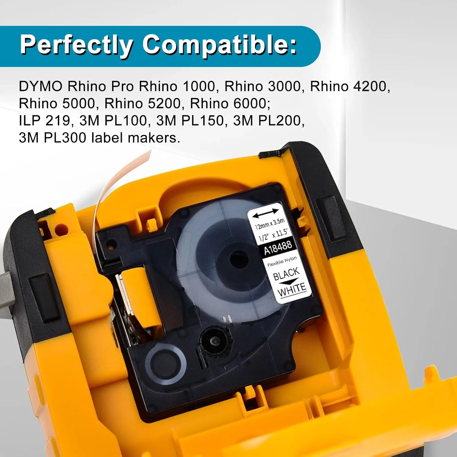 Compatible for DYMO 18489 Flexible Nylon Label Tapes Black on White 3/4" x 11.5' (19mm x 3.5m) Work with Rhino 4200 5000 5200 6000 Industrial Label Makers, (5-Pack)