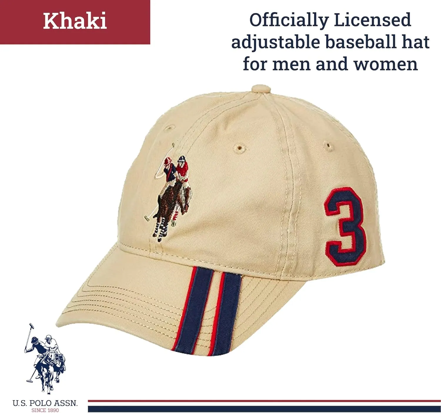 Concept One U.s Polo Assn. Dad Hat, Embroidered Horse Logo Adjustable Adult Baseball Cap with Diagonal Accent Stripes