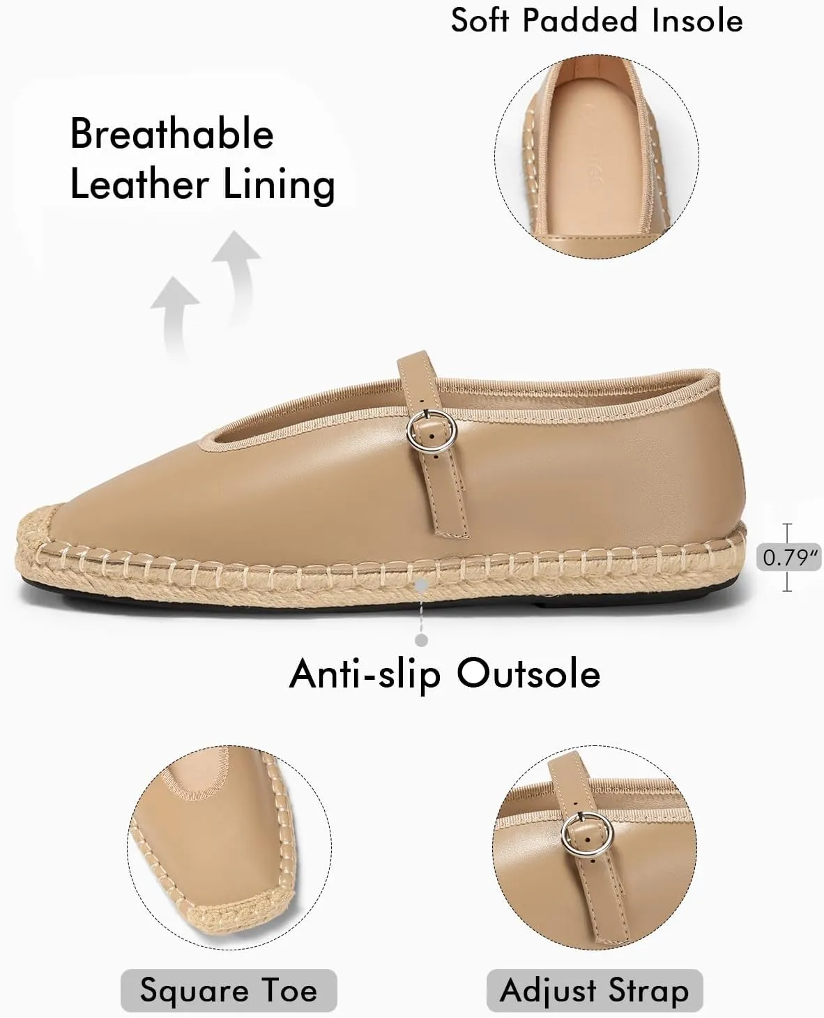 Coutgo Womens Espadrilles Mary Jane Flats Closed Sqaure Toe Mesh Ballet Flats Comfortable Dress Shoes