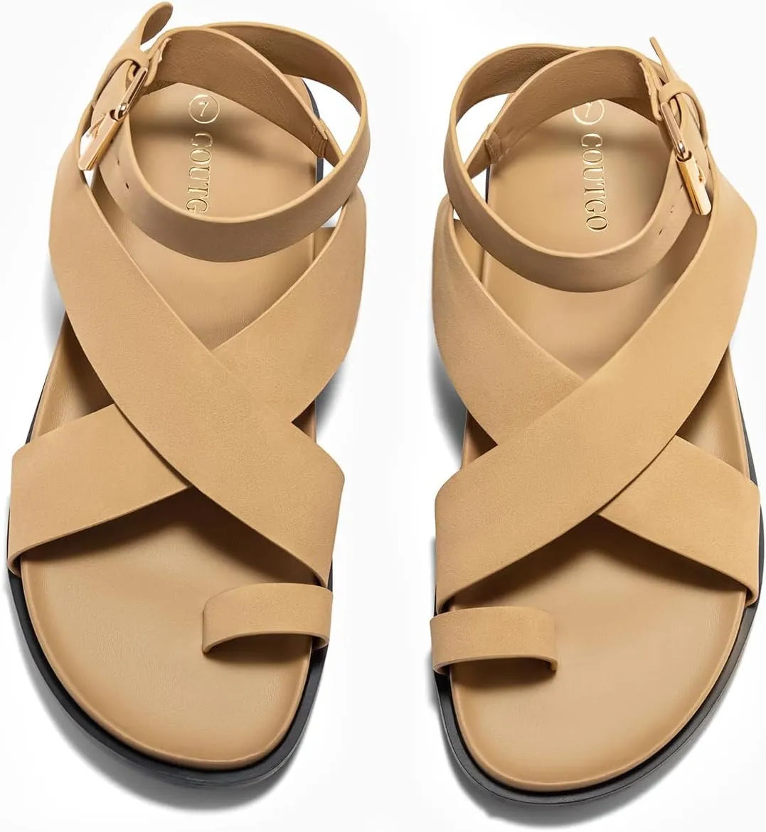 Coutgo Womens Flat Thong Sandals Beach Criss Cross Ankle Buckle Strap Comfortable Footbed Summer Sandal