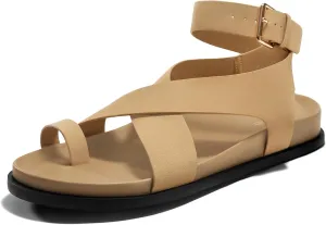 Coutgo Womens Flat Thong Sandals Beach Criss Cross Ankle Buckle Strap Comfortable Footbed Summer Sandal