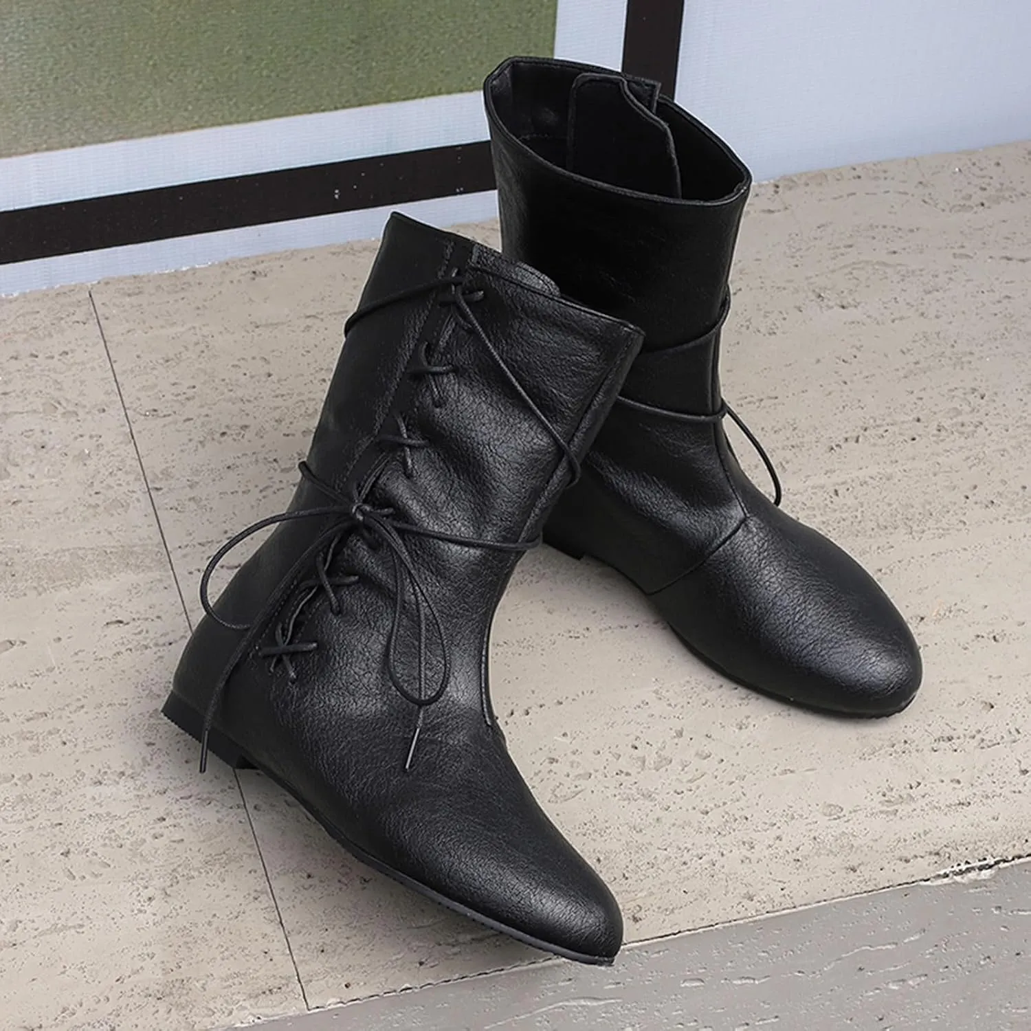 Cozivwaiy Women Vintage Flats Short Boots Lace up Comfortable Boots Round Toe Pirate Cosplay