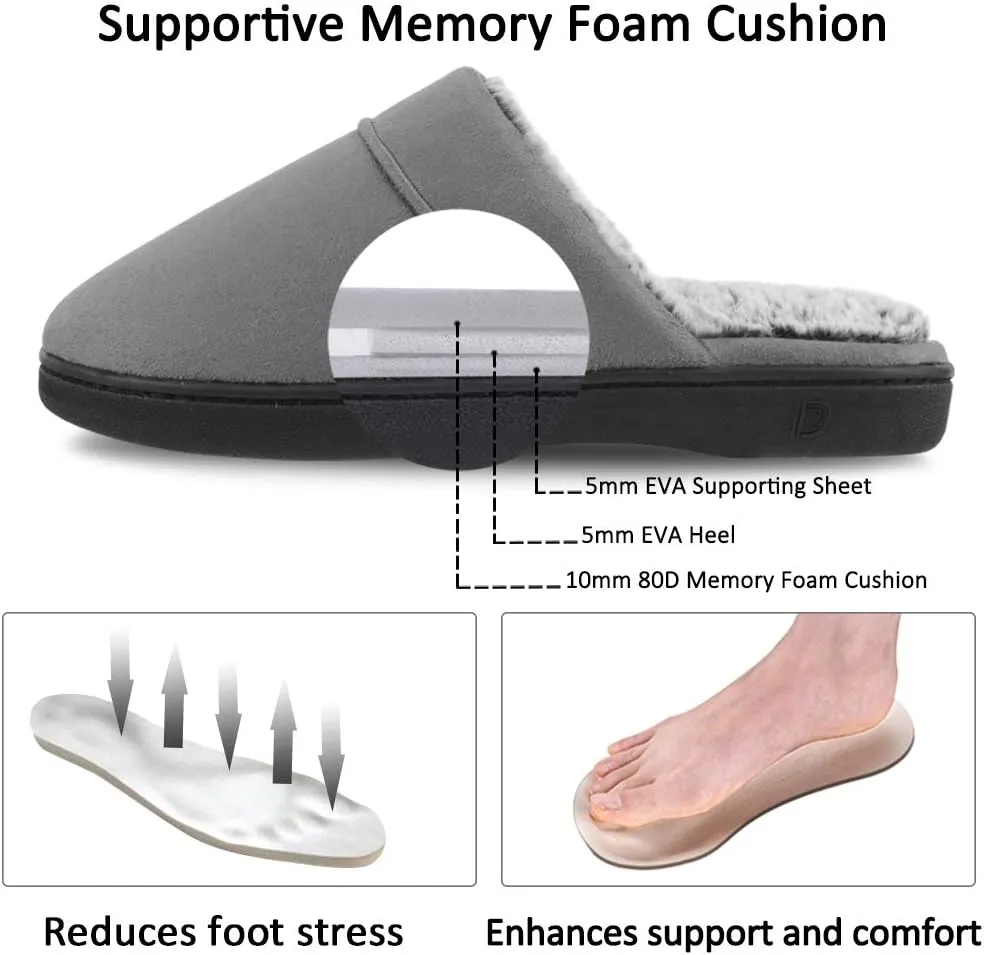 DL Men's Memory Foam Slippers with Fuzzy Plush Lining, Slip on House Slippers with Indoor Outdoor Anti-Skid Rubber Sole