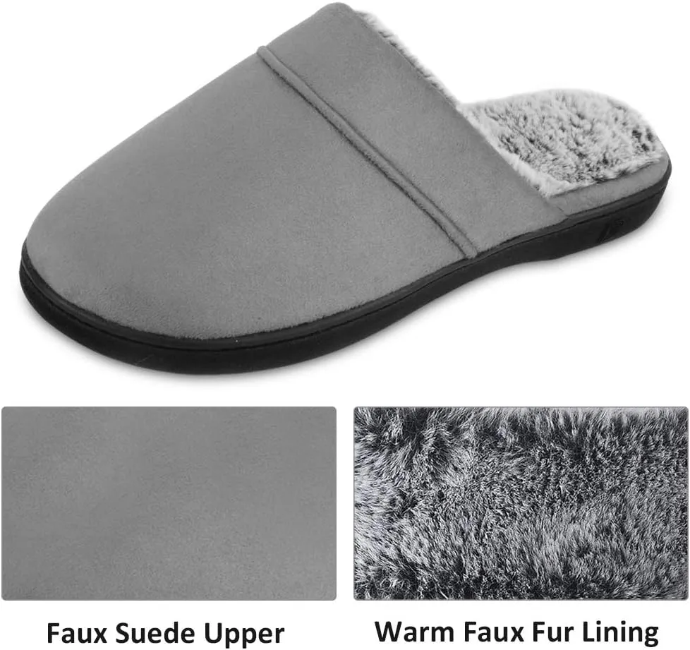 DL Men's Memory Foam Slippers with Fuzzy Plush Lining, Slip on House Slippers with Indoor Outdoor Anti-Skid Rubber Sole