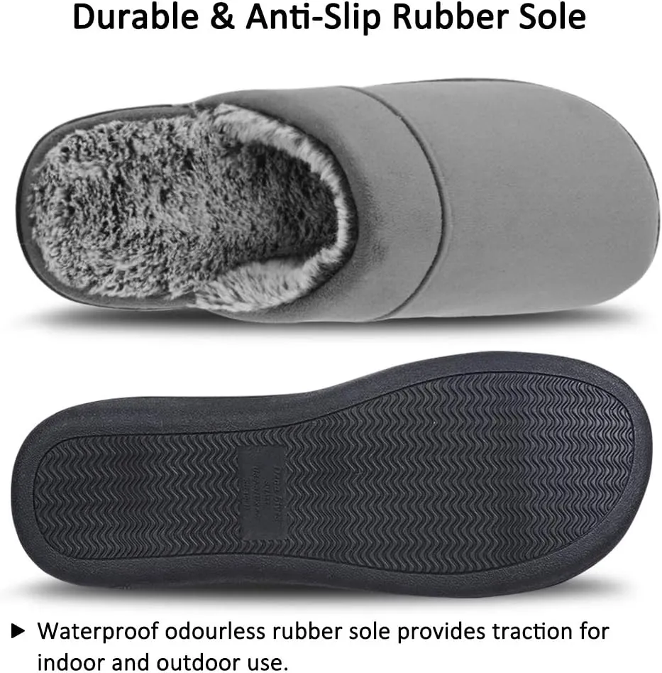 DL Men's Memory Foam Slippers with Fuzzy Plush Lining, Slip on House Slippers with Indoor Outdoor Anti-Skid Rubber Sole