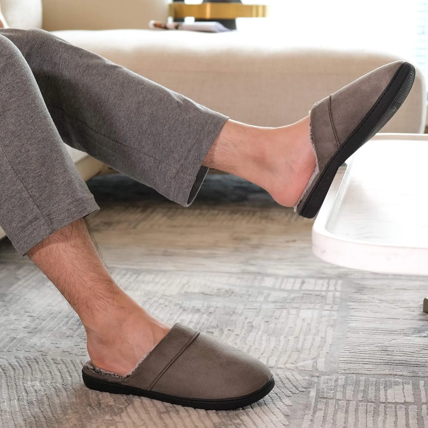 DL Men's Memory Foam Slippers with Fuzzy Plush Lining, Slip on House Slippers with Indoor Outdoor Anti-Skid Rubber Sole