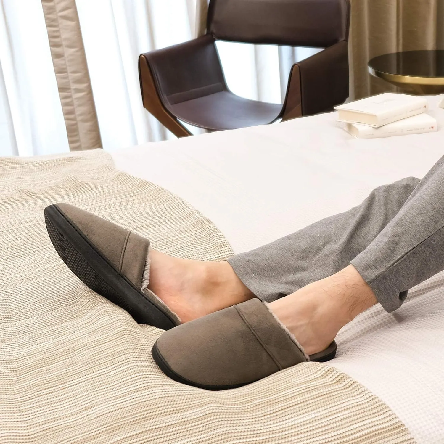 DL Men's Memory Foam Slippers with Fuzzy Plush Lining, Slip on House Slippers with Indoor Outdoor Anti-Skid Rubber Sole