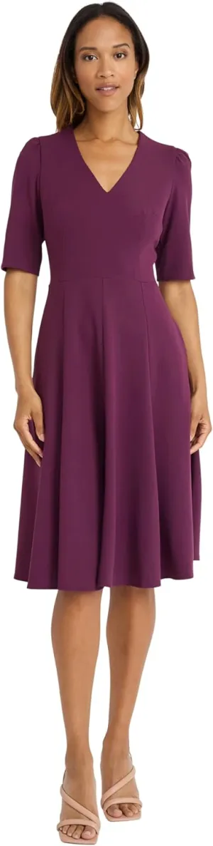 Donna Morgan Women's Dresses Stretch Crepe Elbow Sleeve V-Neck Fit and Flare Midi Dress