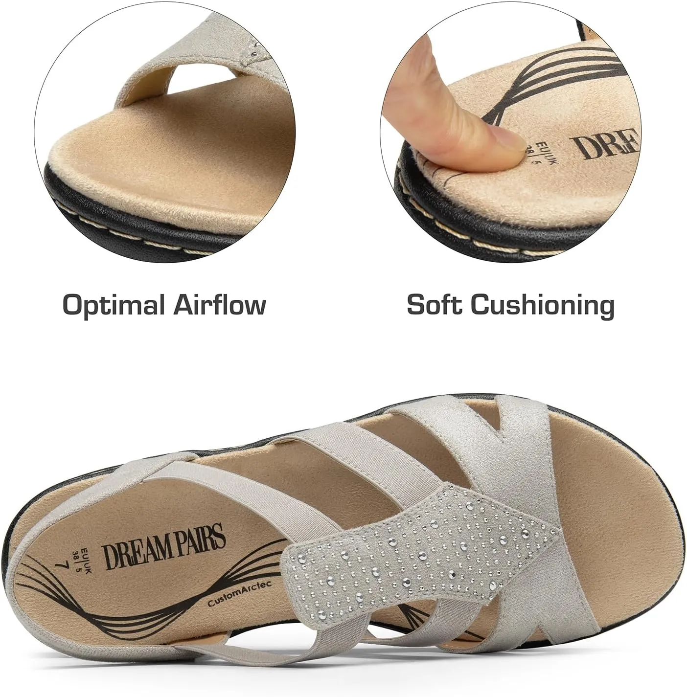 DREAM PAIRS Women's Comfortable Arch Support Dressy Flat Sandals Elastic Open Toe Walking Shoes for Summer