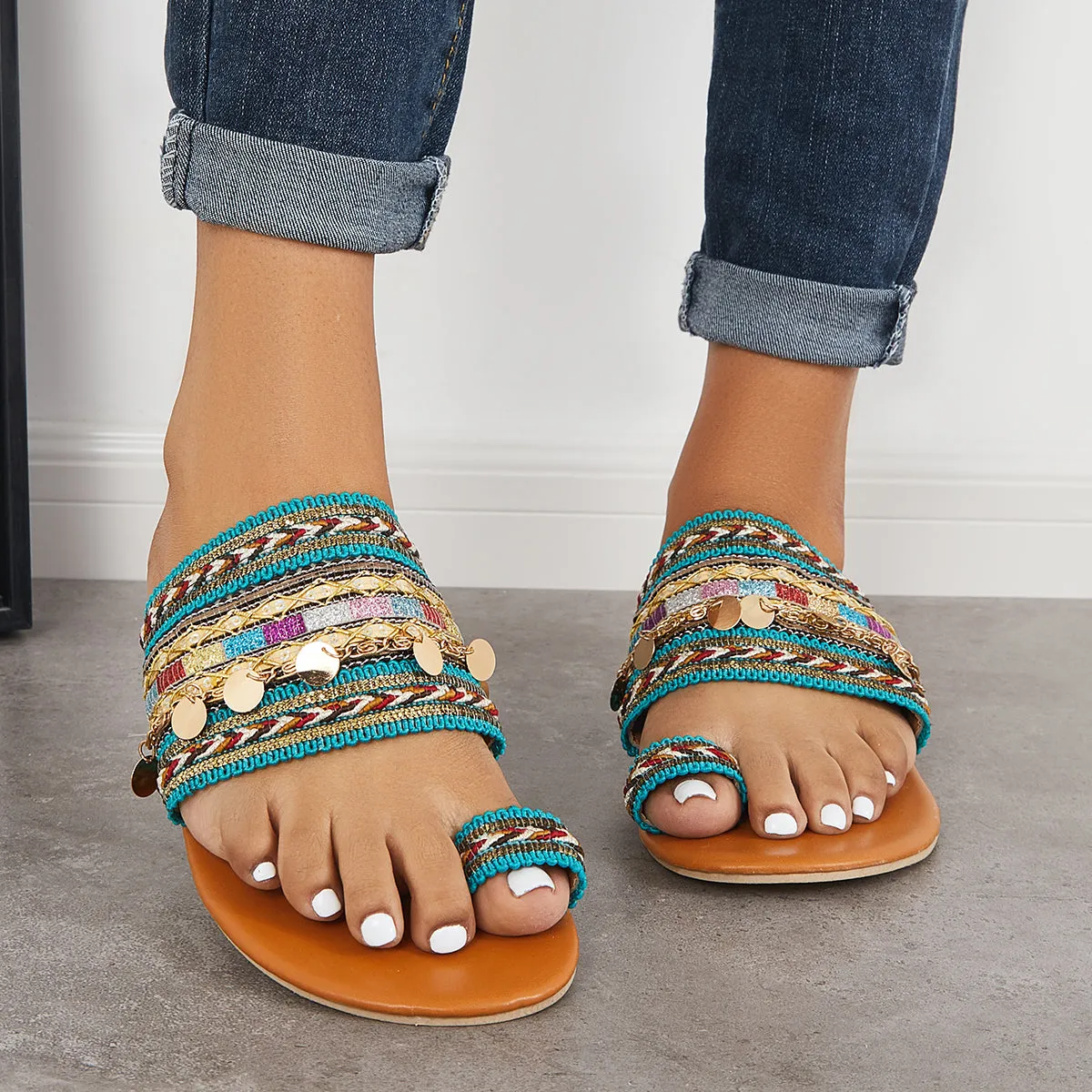 Encrypted Ring on Flat Voice-activated Boho Toe Slide Slippers Sandals Slip