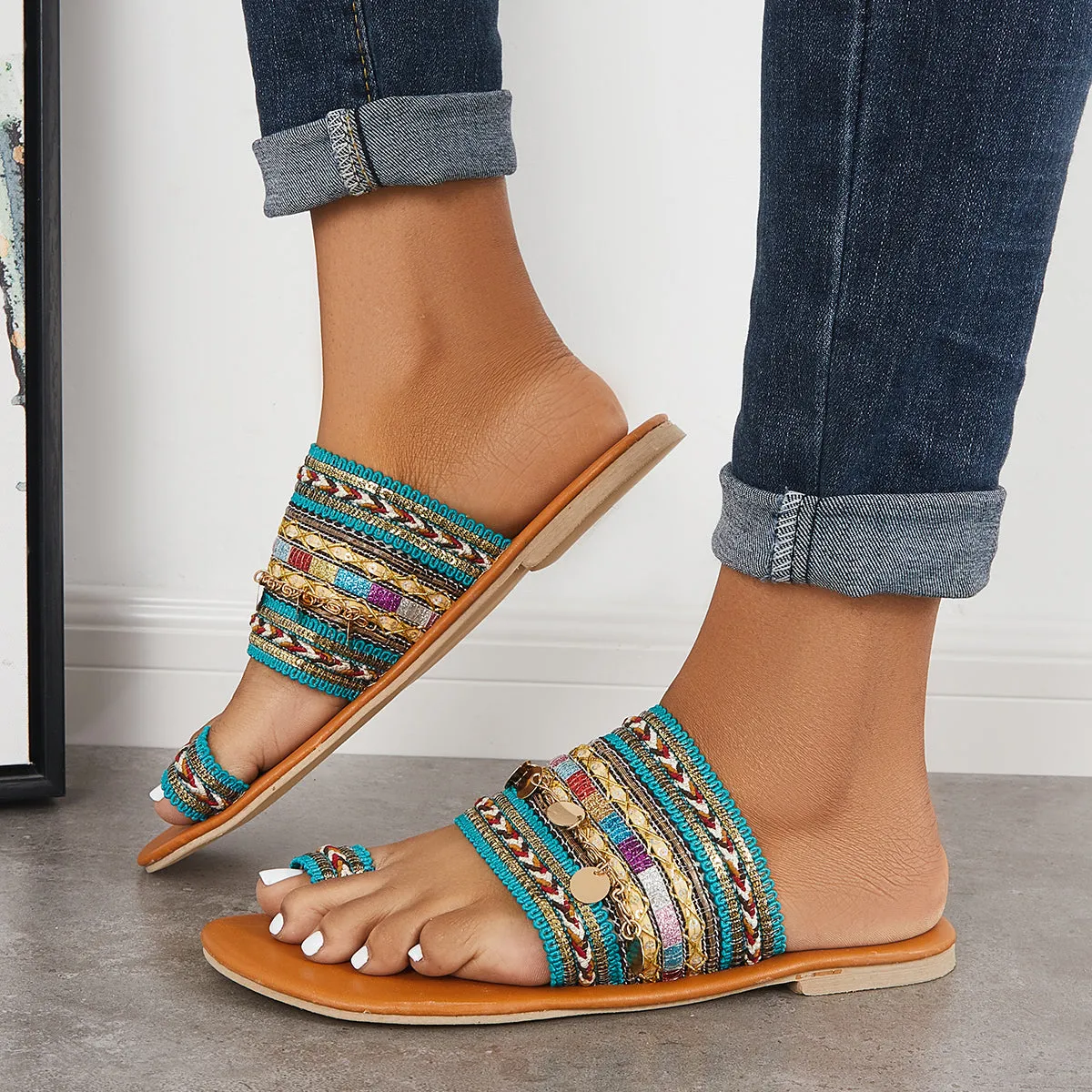 Encrypted Ring on Flat Voice-activated Boho Toe Slide Slippers Sandals Slip