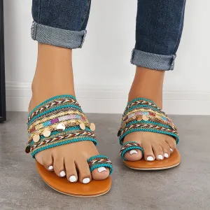 Encrypted Ring on Flat Voice-activated Boho Toe Slide Slippers Sandals Slip