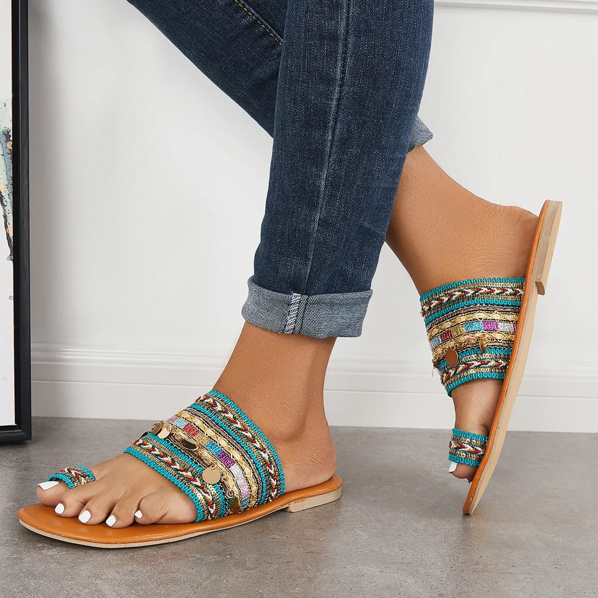 Encrypted Ring on Flat Voice-activated Boho Toe Slide Slippers Sandals Slip