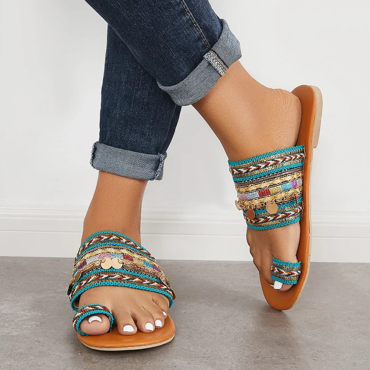 Encrypted Ring on Flat Voice-activated Boho Toe Slide Slippers Sandals Slip