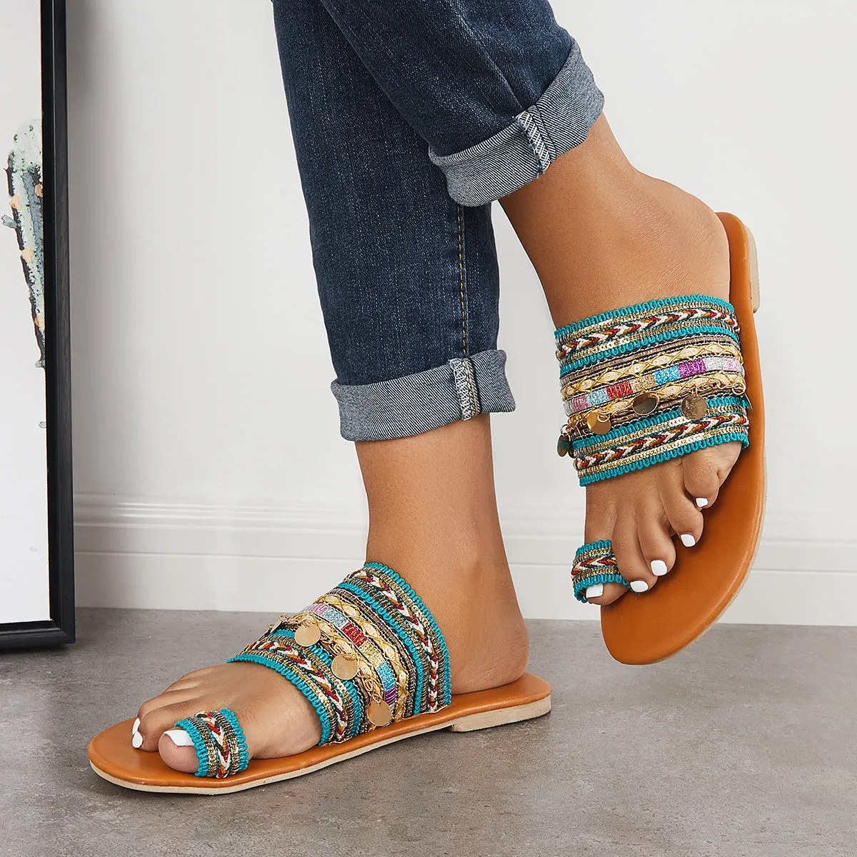 Encrypted Ring on Flat Voice-activated Boho Toe Slide Slippers Sandals Slip