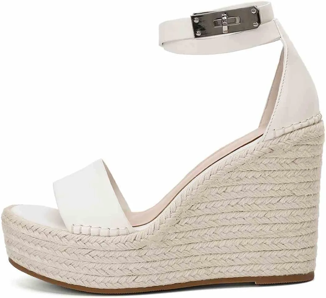 Espadrille Wedge Sandals for Women, Platform Ankle Strap with adjustable Buckle Round Open Toe Summer Shoes