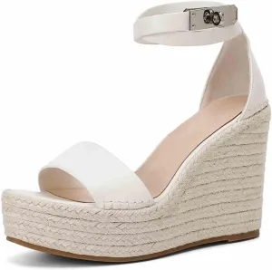 Espadrille Wedge Sandals for Women, Platform Ankle Strap with adjustable Buckle Round Open Toe Summer Shoes