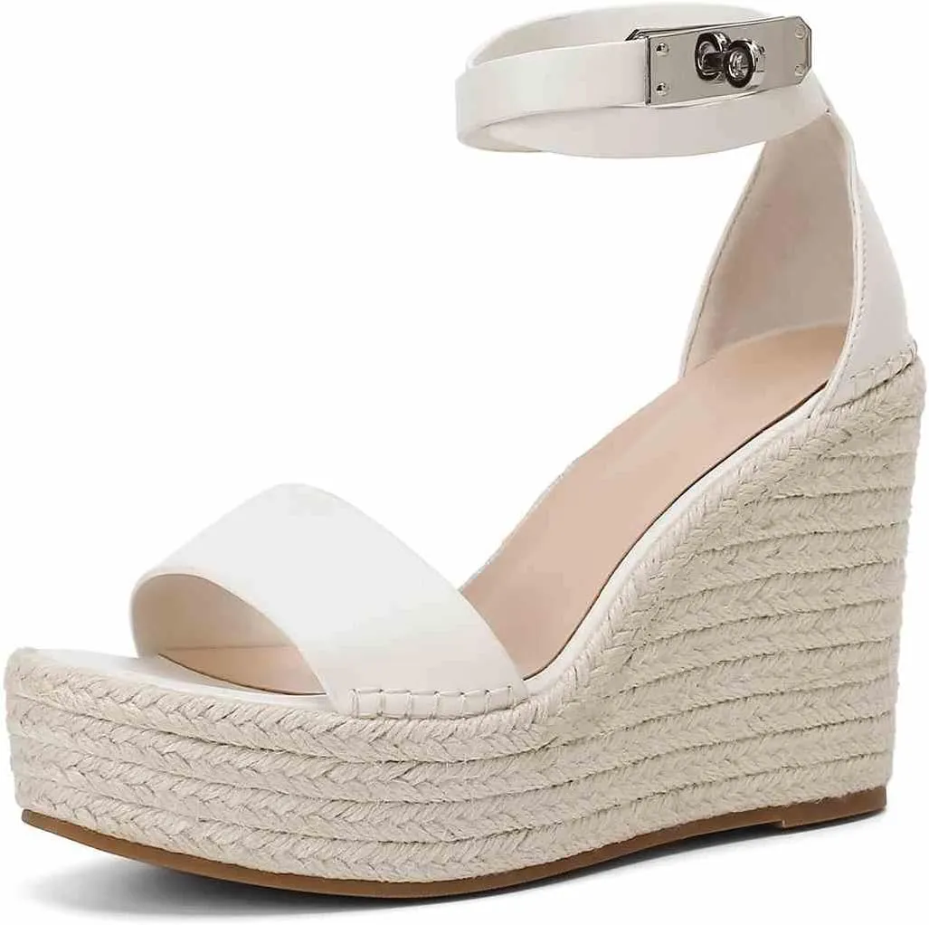 Espadrille Wedge Sandals for Women, Platform Ankle Strap with adjustable Buckle Round Open Toe Summer Shoes