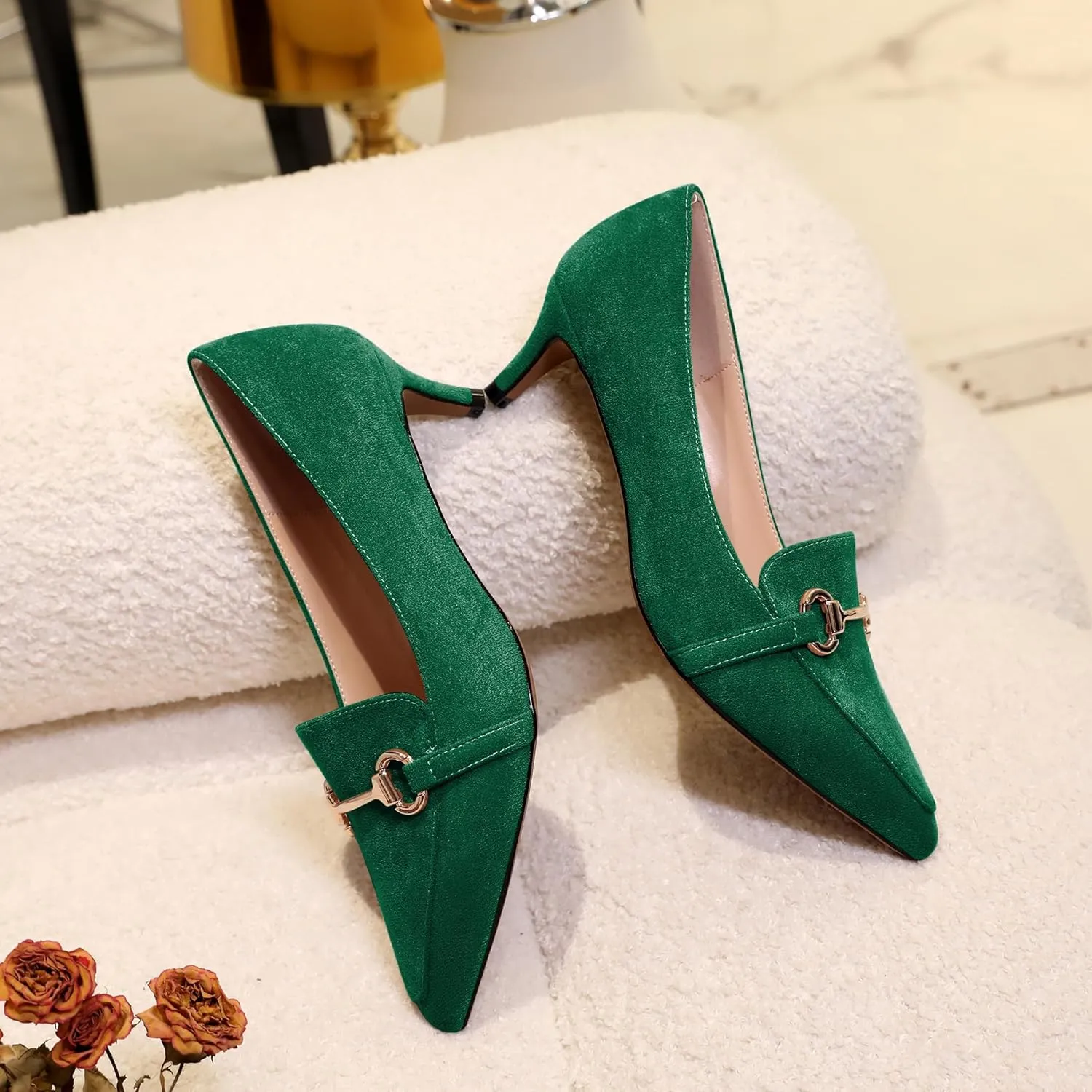 Esvowido Loafers for Women Closed Toe Kitten Heels Slip on Pumps with Chain Trims Comfortable Suede Loafer Shoes 2 Inch