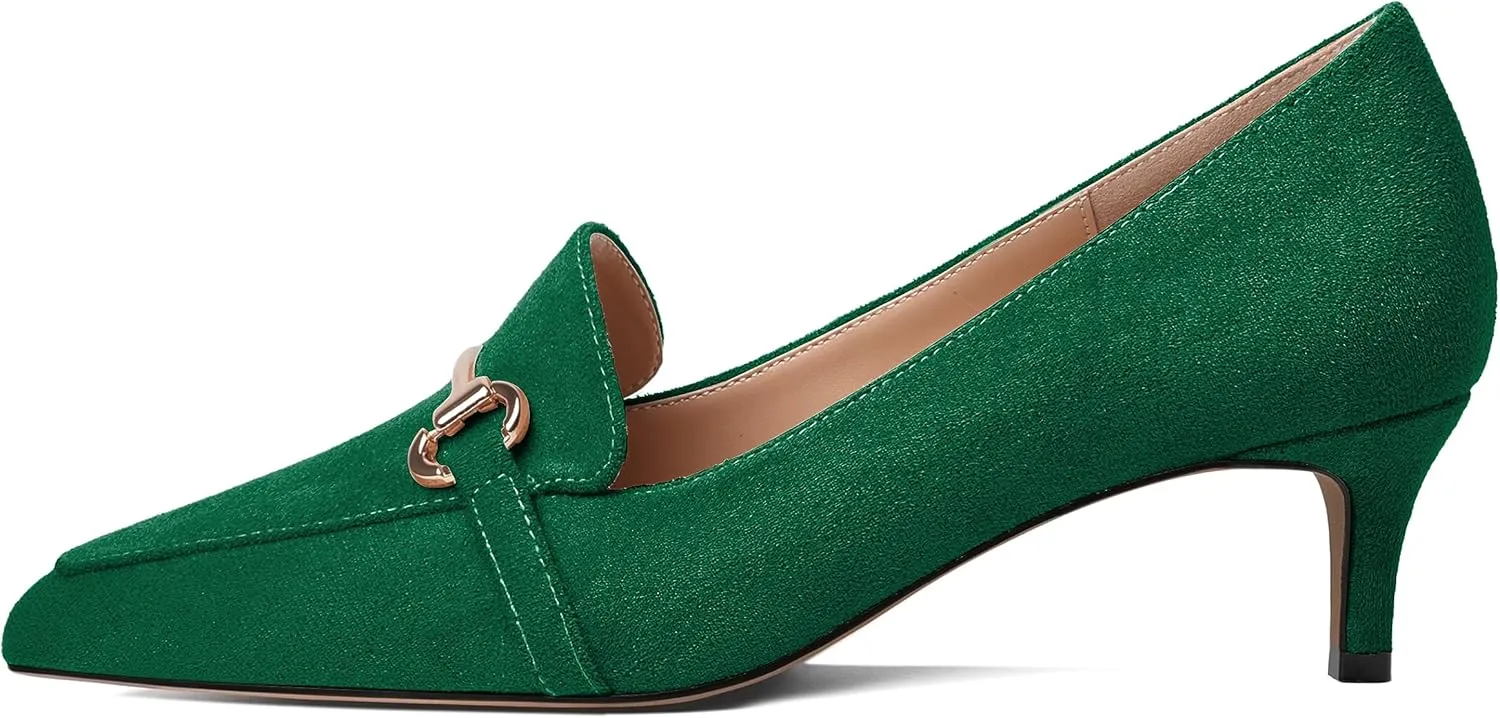 Esvowido Loafers for Women Closed Toe Kitten Heels Slip on Pumps with Chain Trims Comfortable Suede Loafer Shoes 2 Inch