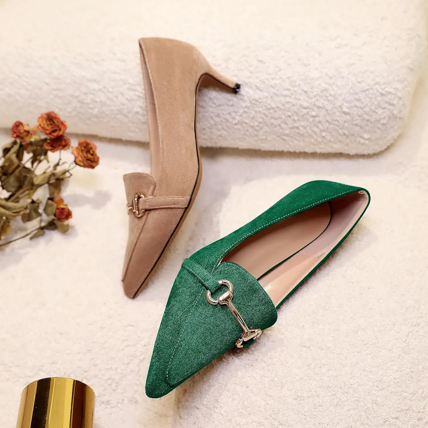 Esvowido Loafers for Women Closed Toe Kitten Heels Slip on Pumps with Chain Trims Comfortable Suede Loafer Shoes 2 Inch
