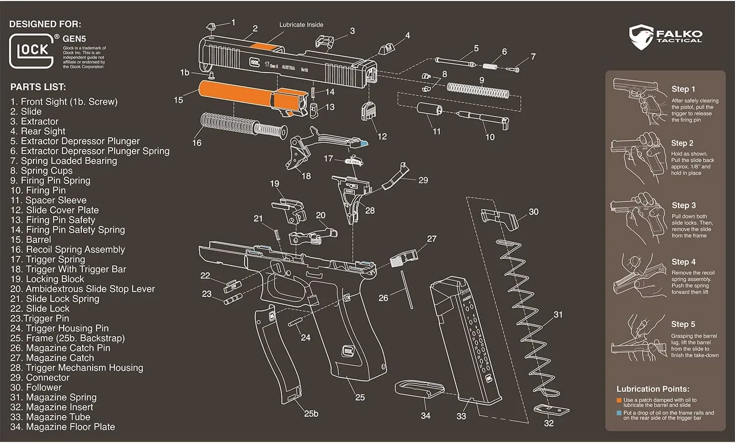Falko Tactical Gun Cleaning Mat for Glock - Double Thickness Gun Mat - HD Exploded Diagram Including Parts List, Lubrication Points and Disassembly Steps (20 by 12 Inches)