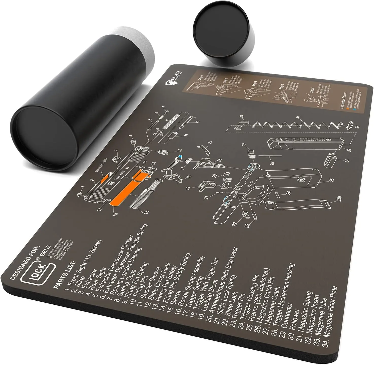 Falko Tactical Gun Cleaning Mat for Glock - Double Thickness Gun Mat - HD Exploded Diagram Including Parts List, Lubrication Points and Disassembly Steps (20 by 12 Inches)