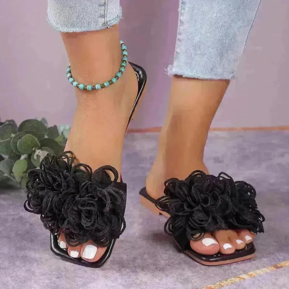 Fashion Flower Flat Slippers For Women