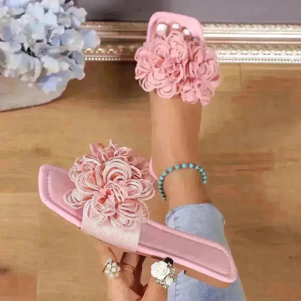 Fashion Flower Flat Slippers For Women