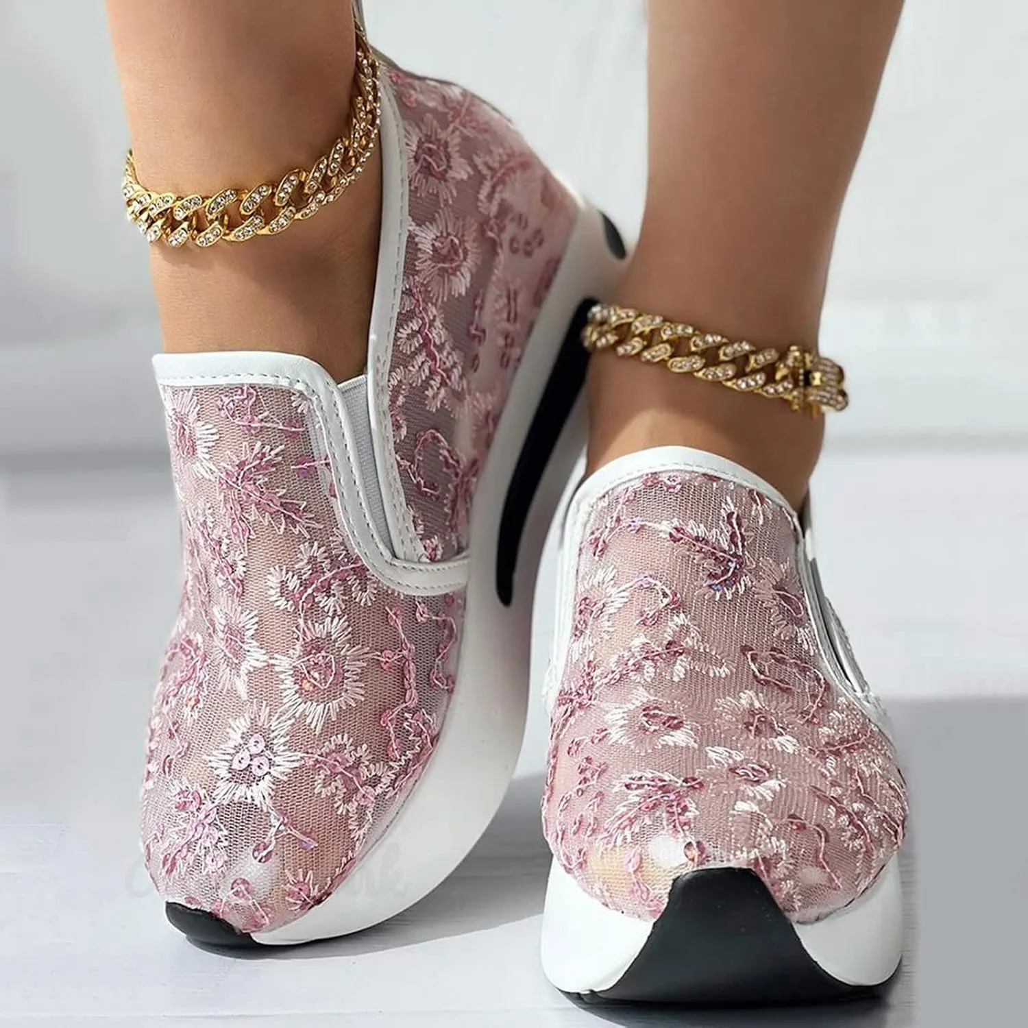 Fashion Sneakers for Ladies,Stylish Floral Embroidered Lace Mesh Sneakers Soft Platform Memory Foam Midsole Sneakers Stylish Chic Embroidered Party Travel Road Running Sneakers for Women