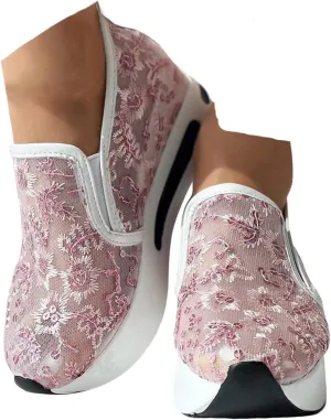 Fashion Sneakers for Ladies,Stylish Floral Embroidered Lace Mesh Sneakers Soft Platform Memory Foam Midsole Sneakers Stylish Chic Embroidered Party Travel Road Running Sneakers for Women