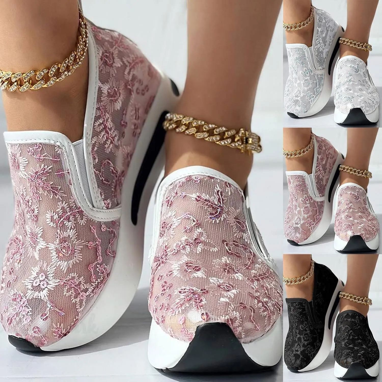 Fashion Sneakers for Ladies,Stylish Floral Embroidered Lace Mesh Sneakers Soft Platform Memory Foam Midsole Sneakers Stylish Chic Embroidered Party Travel Road Running Sneakers for Women