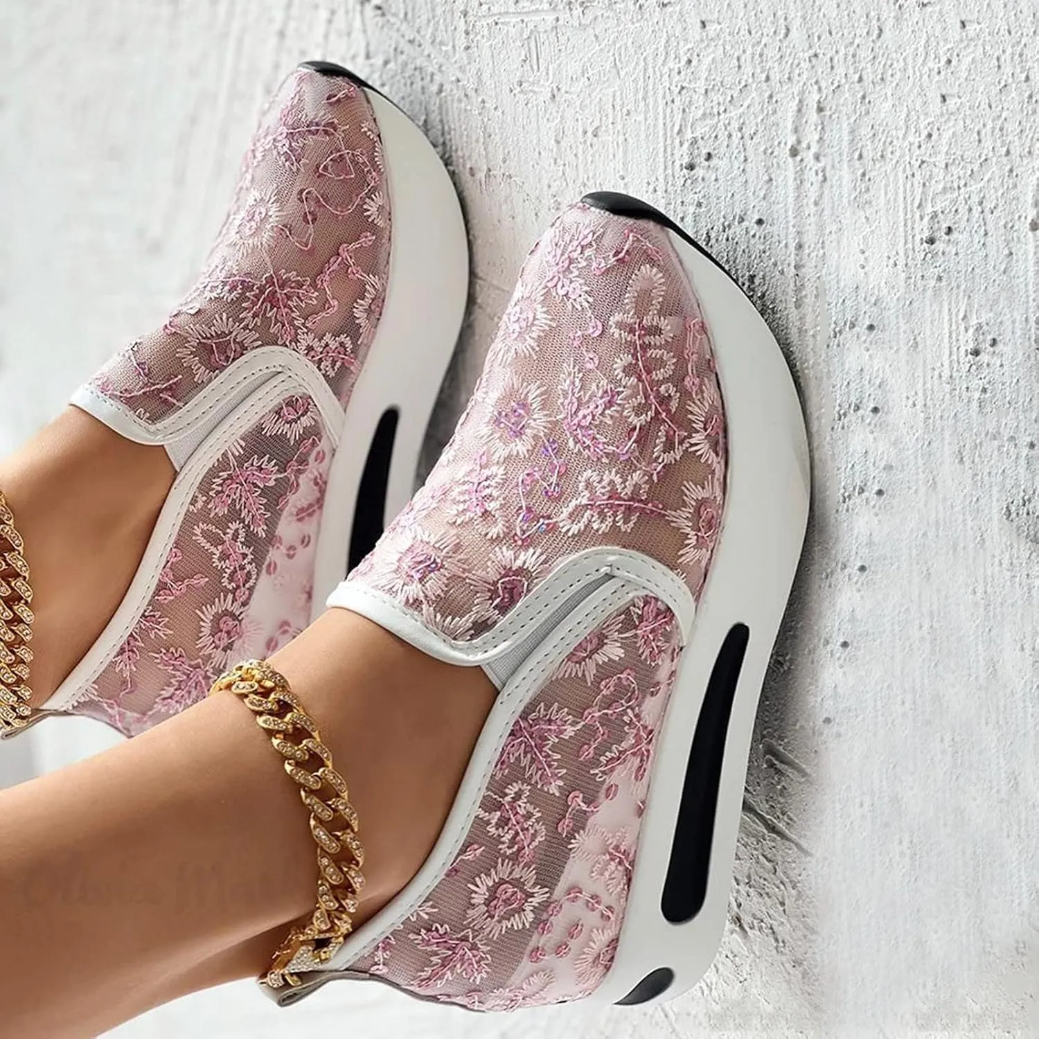 Fashion Sneakers for Ladies,Stylish Floral Embroidered Lace Mesh Sneakers Soft Platform Memory Foam Midsole Sneakers Stylish Chic Embroidered Party Travel Road Running Sneakers for Women