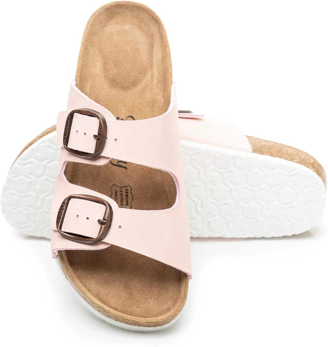 FITORY Womens Flat Sandals with Cork Footbed, Open Toe Slides Adjustable Slip On Slippers for Summer Size 6-11