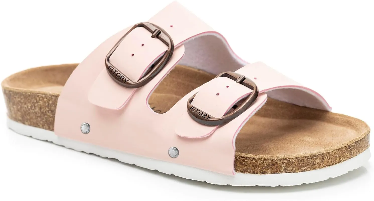FITORY Womens Flat Sandals with Cork Footbed, Open Toe Slides Adjustable Slip On Slippers for Summer Size 6-11