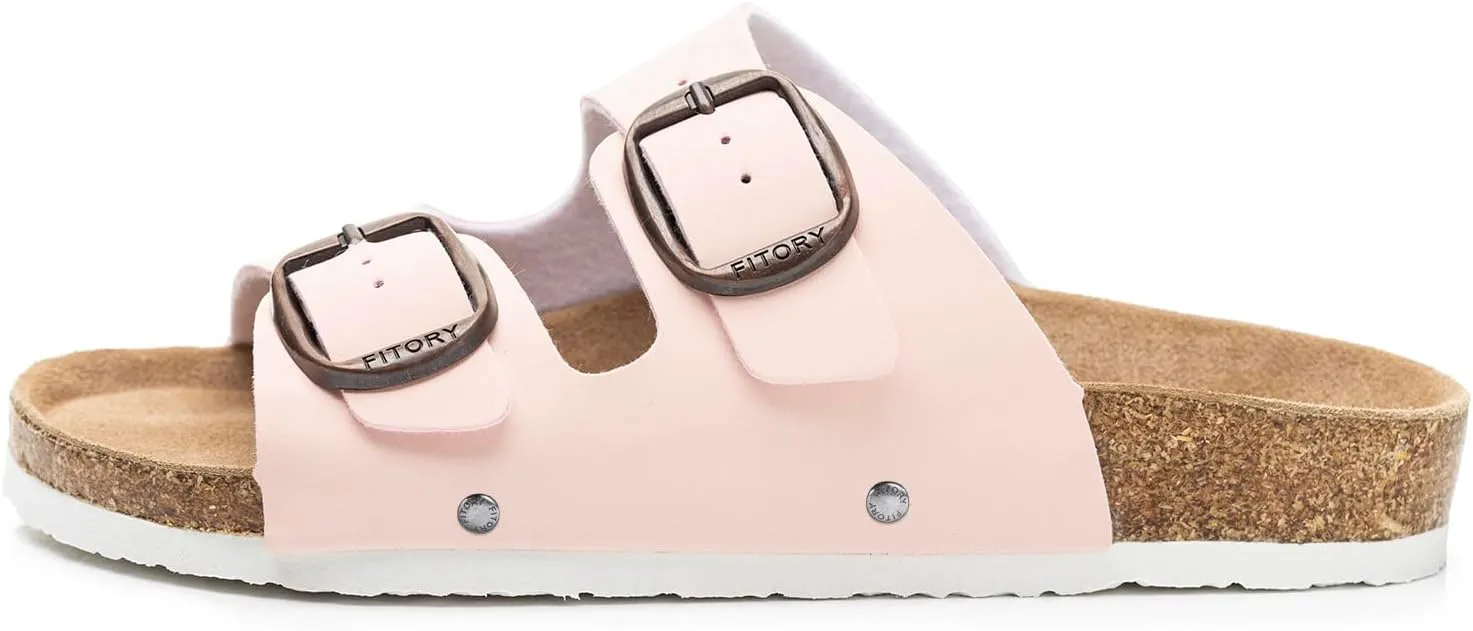 FITORY Womens Flat Sandals with Cork Footbed, Open Toe Slides Adjustable Slip On Slippers for Summer Size 6-11
