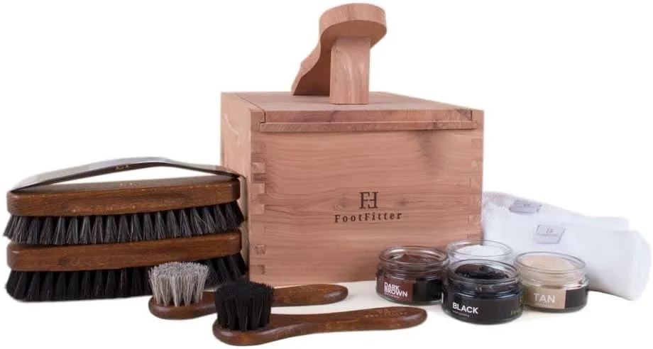 FootFitter Shoe Shine Set & Cedar Wood Box, Shoe Polish Cream & Shoe Care Tools for Leather Shoes