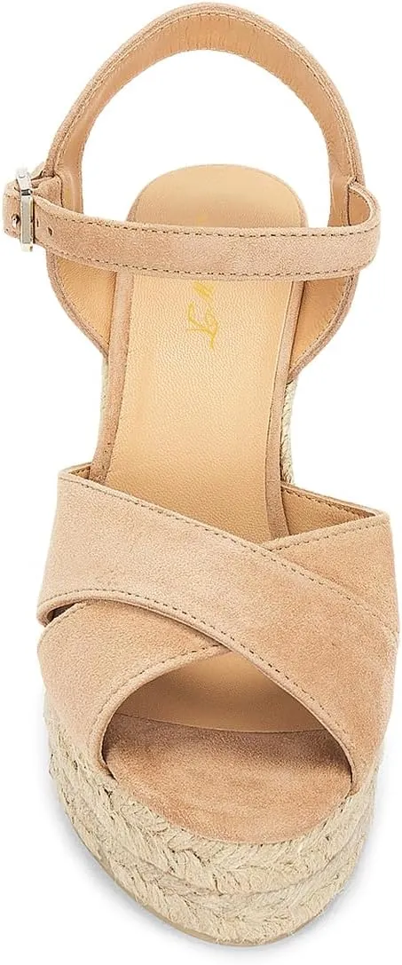 FOWT Women Classic Suede Platform Espadrille Sandals Open Toe Wedge High Heels Ankle Strap Buckle Summer Party Casual Shoes Size 4-16 US