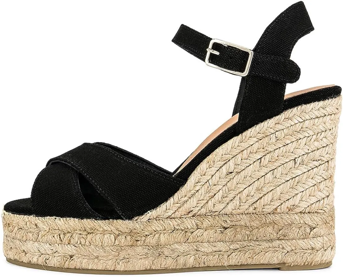 FOWT Women Classic Suede Platform Espadrille Sandals Open Toe Wedge High Heels Ankle Strap Buckle Summer Party Casual Shoes Size 4-16 US