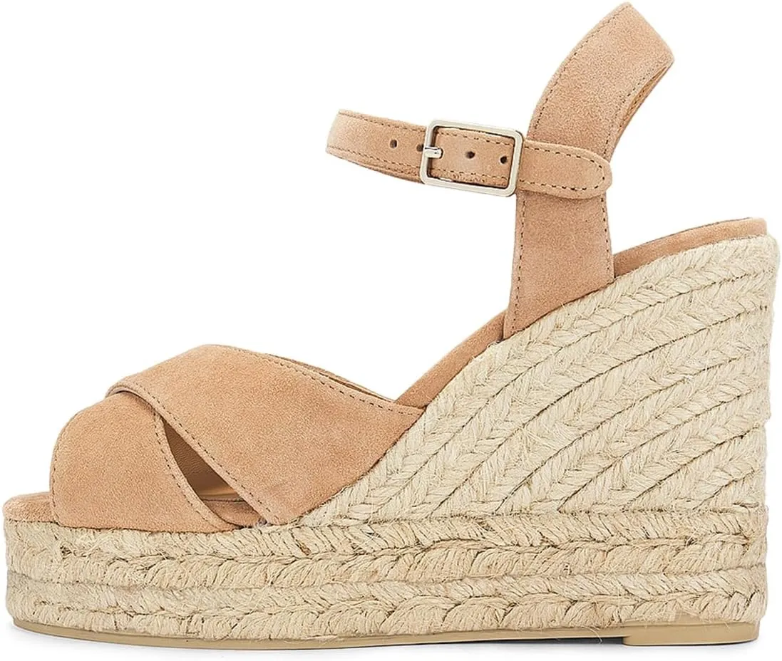 FOWT Women Classic Suede Platform Espadrille Sandals Open Toe Wedge High Heels Ankle Strap Buckle Summer Party Casual Shoes Size 4-16 US
