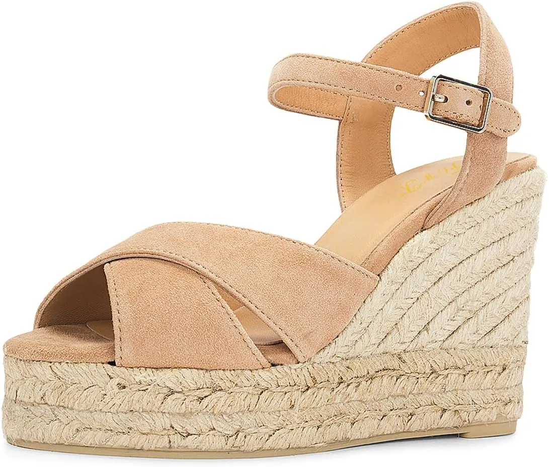FOWT Women Classic Suede Platform Espadrille Sandals Open Toe Wedge High Heels Ankle Strap Buckle Summer Party Casual Shoes Size 4-16 US