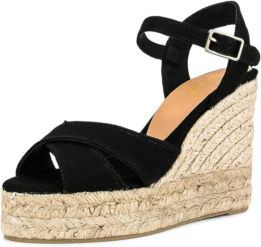 FOWT Women Classic Suede Platform Espadrille Sandals Open Toe Wedge High Heels Ankle Strap Buckle Summer Party Casual Shoes Size 4-16 US