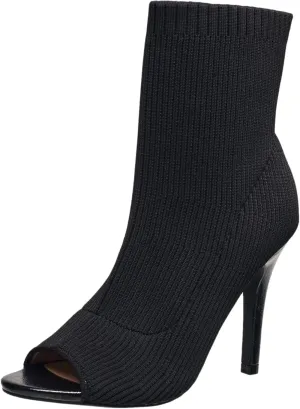 French Connection Women's Meghan Peep Toe Booties Comfortable Work Fall Winter Pull On Fashion Shoes Heeled Boots for Women with Soft Knit Upper