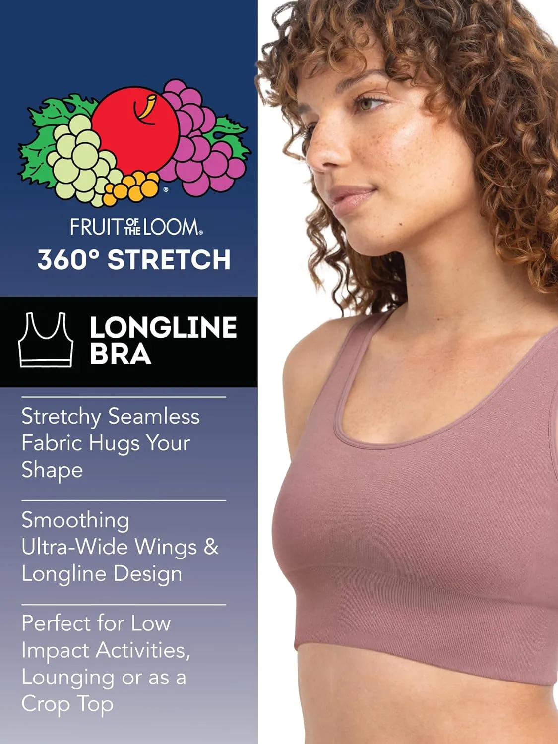Fruit of the Loom Women's 360 Stretch Longline Sport, Comfortable Wireless Bras, Seamless Full-Coverage for a Natural Shape