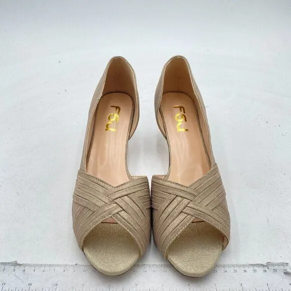 FSJ Light Gold Kitten Heels Peep Toe Slip on Pumps D'Orsay Sandals Evening Shoes