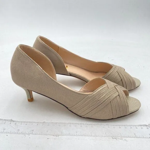 FSJ Light Gold Kitten Heels Peep Toe Slip on Pumps D'Orsay Sandals Evening Shoes