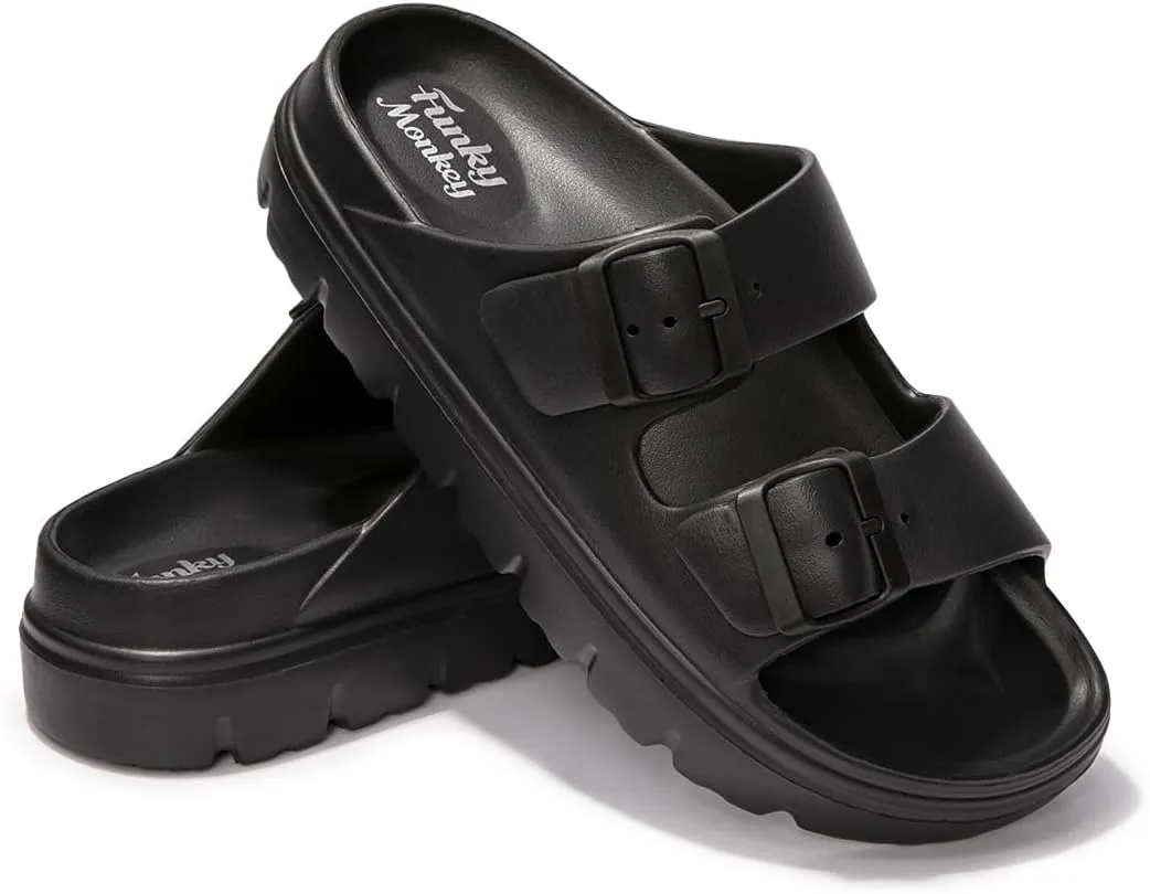 FUNKYMONKEY Women's Comfort Slides Double Buckle Adjustable Plastics Flat Sandals