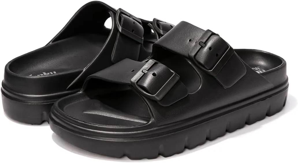 FUNKYMONKEY Women's Comfort Slides Double Buckle Adjustable Plastics Flat Sandals