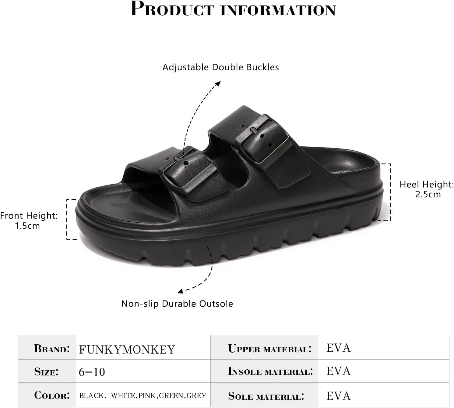FUNKYMONKEY Women's Comfort Slides Double Buckle Adjustable Plastics Flat Sandals